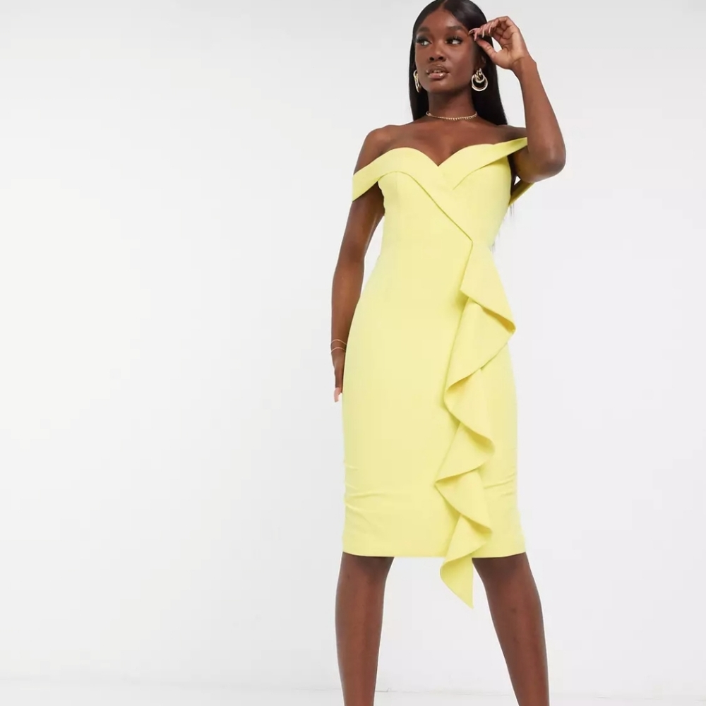 Lavish Alice bardot ruffle midi dress in yellow
